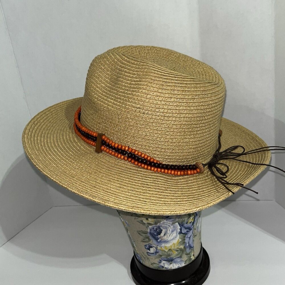 Sun N Sand Woven hat with wooden orange and Brown beads
